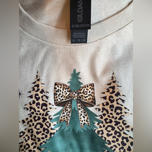 Gildan Cream Long Sleeve Tee with Christmas Tree Design - Picture 2 of 2